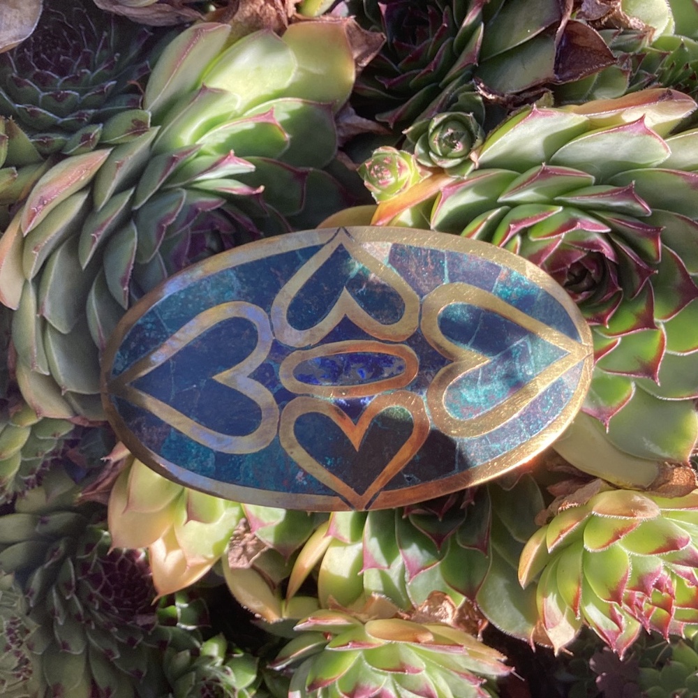 Beautiful Brass Jasper/Turquoise Heart Inlay Design Belt/Scarf Buckle Slide - Picture 7 of 10